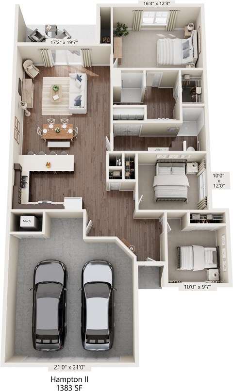 Floor plan for 3 beds, 2 baths, 1383 sqft